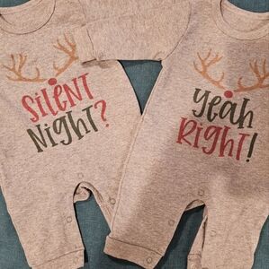 Set of 2 baby christmas rompers. Silent night/yeah right. 3 months